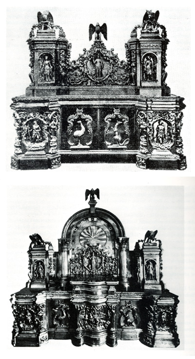 The sideboard as it was exhibited in Melbourne at Victoria’s Intercolonial Exhibition of 1866-7, (above) and at the London International Exhibition of 1873, (below). 