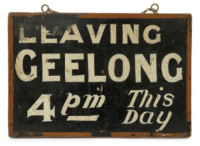 The surprise lot in the maritime section was a simple painted wooden sign, 'Leaving Geelong 4pm This Day', about the size of the open Joel's catalogue, estimated at $300-500 which sold for $4,200 ($5,040 IBP) to a buyer in the room.