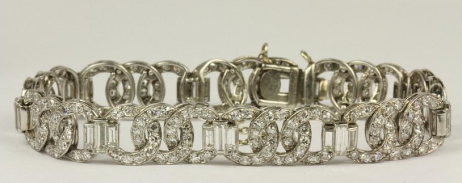 An art deco diamond bracelet (above), earrings and brooch in platinum are some of the more intriguing items at Philips Auctions forthcoming jewellery sale.