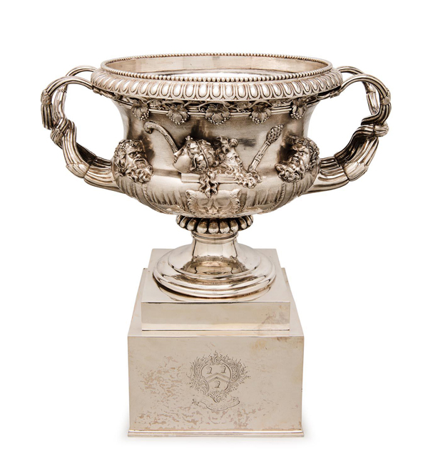 Mossgreen Auctions three-day International Decorative Arts sale from July 31 features this rare and imposing silver Victorian copy of the Warwick vase on stand, by Benjamin Smith II and dated London 1841. Based on a 2nd/4th century krater discovered in pieces about 1771 at Hadrian’s villa in Tivoli near Rome, the original was restored for Sir William Hamilton (1730-1803), and after several changes of ownership over the centuries, was acquired by the Burrell Museum in Glasgow in 1978.