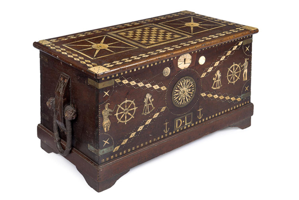 The most significant Tasmanian collection to hit the Australian auction market in living memory will be sold by Mossgreen Auctions in Hobart on Sunday 9 October. Comprising Tasmanian colonial furniture, maritime objects and antiques, it includes a museum quality mid-19th century whaling captain’s cabin trunk (above), made from Australian cedar and featuring intricate whale bone inlay, and estimated at $40,000 – 60,000.