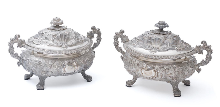 Mossgreen's final sale for 2016 will be an onsite sale in Brisbane, in a cream brick veneer, but with furnishings to rival those seen in Buckingham Palace. The sale includes a pair of William IV sterling silver Rococo Revival soup tureens – fit for a queen - made in 1835 by Henry Wilkinson and Co in Sheffield, estimated at $12,000–18,000.