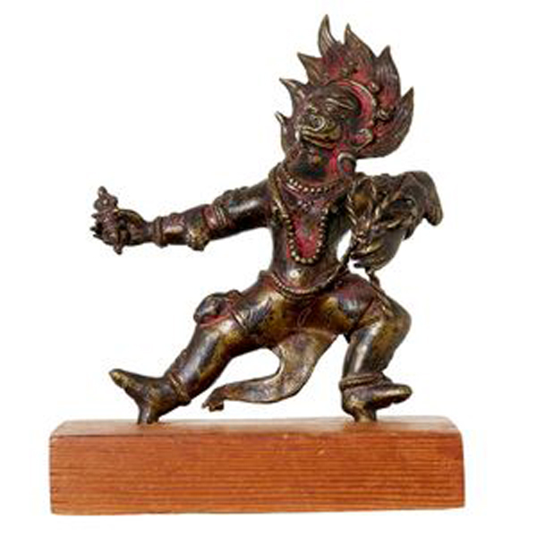 Included in the 467 lot sale are a number of small Tibetan and Nepalese bronzes, including this 19th century Tibetan bronze figure of Vajrapasa with flame-enveloped head, stepping to the left, wearing the flayed skin of a deer, estimated at $7,000-9,000