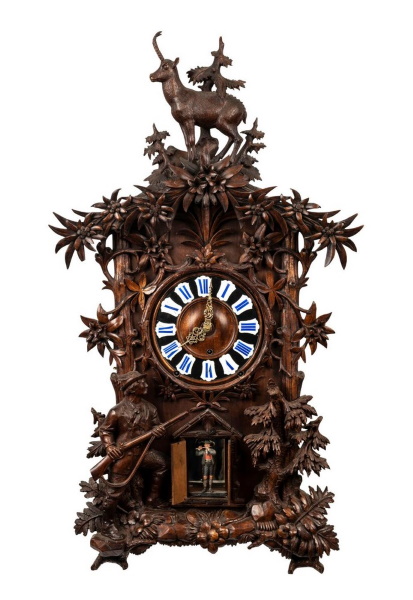 Included in the sale are a number of clocks by Black Forest clockmaker Emilian Wehrle, including the above profusely carved Black Forest Trumpeter Tyrolean shelf clock, which plays two announcements on eight horns, and is estimated at $8,000-12,000