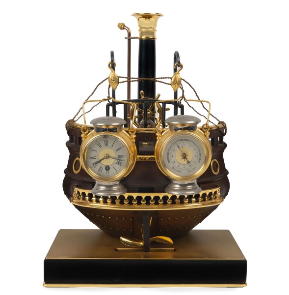 This nautical 'Ships Stern' French industrial clock in timber and metal case on black slate base by French maker Guilmet, circa 1885, brought $38,000 at the Leski auction Fine & Rare Clocks from the Yarrawonga Clock Museum.