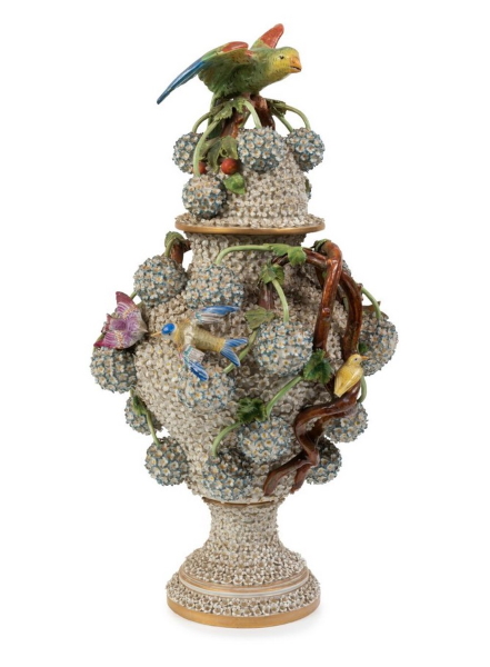 The collections include those of Melbourne socialite the late Shirley Strauss (1925-2021), designer Geoffrey Stewardson of Marly Interiors and another private collection. One of the more eye-catching porcelain items in the sale is a large 19th century German Scheenballen floral encrusted vase entwined with a leafy branch supporting an exotic bird (above) estimated at $2,000-3,000.