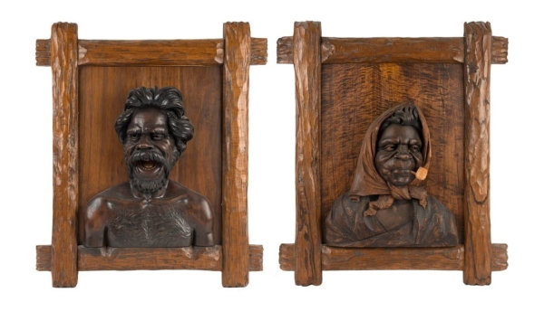 Renowned Australian woodcarver Robert Prenzel (1866-1941) topped the billing at Leski Auctions June 25 Australian & Historical sale with a pair of signed carved portrait panels of an Aboriginal man and woman (lot 307) which sold for $28,680 (including buyer’s premium). 