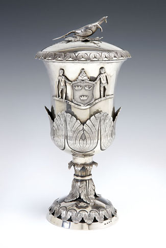 This rare Australian silver covered presentation cup by Charles Jones (1819-1864), Hobart, circa 1850, made $68,000 to Sydney dealer Martyn Cook, more than twice the upper estimate of $30,000, on the second evening of the two day sale.