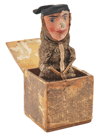 The 130 boxes being offered include this rare and primitive 19th century jack-in-the-box discovered in a shop near London