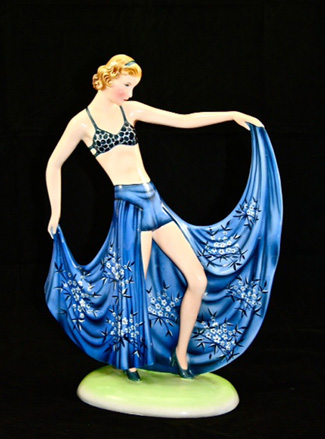 A tall Goldscheider figure, <i>Poser</i>, a rare model c. 1930, $3950 offered at the fair by Sydney dealers, Deco Diva.