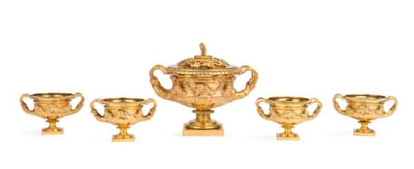 A rare Victorian gilt sterling silver suite of a Warwick vase and cover and four matching bowls made in 1842 by London silversmith Benjamin Smith for British politician, traveller and author James Emerson (1804-1869) is the highlight of an extensive sterling silver collection to be sold as part of Mossgreen’s International Decorative Arts auction on August 29 in Melbourne. 
