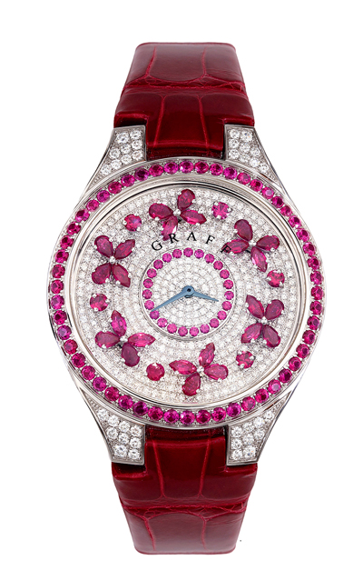The catalogue cover piece, the now iconic Graff 'Disco Butterfly' ruby and diamond wristwatch is one of the auction’s most costly and whimsical items – with a catalogue estimate of $100,000-$150,000.