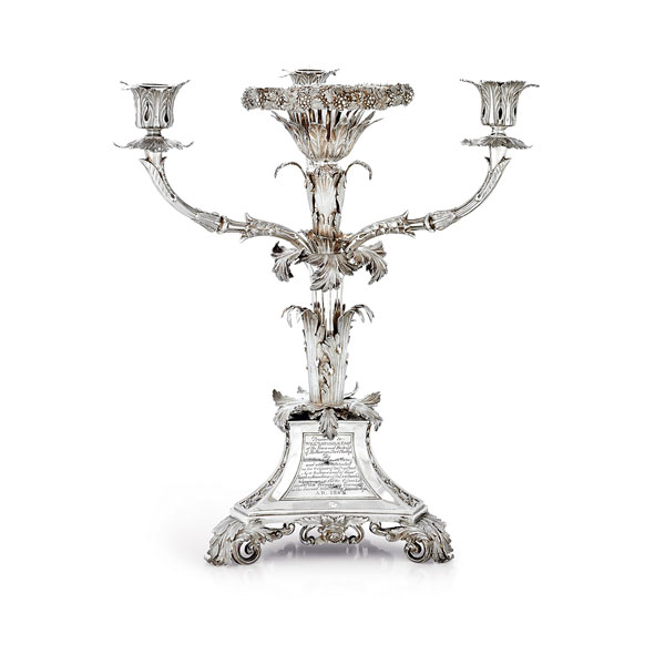 The eight silver pieces in the sale include an inscribed and crested William IV sterling silver three-branch candelabra epergne (above) by Robinson, Edkins & Aston of Birmingham circa 1830-1837, which carries a catalogue estimate of $150,000-$250,000. 