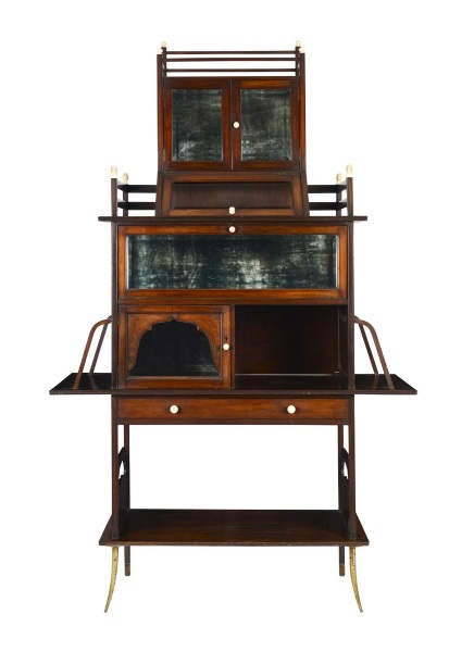The catalogue estimate for the 1880s Anglo-Japanese furniture style cabinet by Edward William Godwin was $40,000-$60,000. However, rapid competition soon took the price past the $100,000 mark – by which time there were only three bidders left, one still braving the downpour. It was obvious the cabinet was destined for an overseas home and in the end the successful candidate was happy to hand over $224, 682.50 (including buyer’s premium) for the privilege of owning this rare furniture piece.