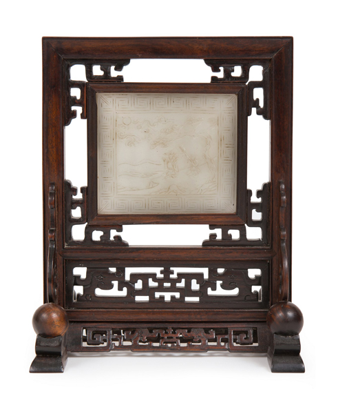 Included in the collection of Melbourne couple Frank and Jill Jones is a 19th century Chinese Qing Dynasty hardwood table screen (above) inset with an inscribed white jade plaque decorated on one side with a scholar and his attendant in a landscape. The screen was purchased in January 1987 from Jane Carnegie Oriental Art, just one of the many Melbourne dealers they frequented when forming their collection. Others were Leonard Joel, Sotheby’s, Joseph Brown, Franzi and Filcock, and Behruz.