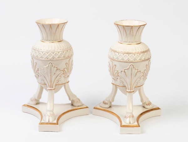 Among the porcelain on offer at Gibson’s Auctions first anniversary sale in Melbourne, is a large pair of 1870s Belleek first period gilded porcelain urns estimated at $2,000-3,000.