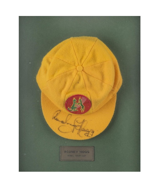 Two cricketing items streaked the field at Leski Auctions August sporting memorabilia sale in Melbourne, one of which was former Australian fast bowler Rodney Hogg’s yellow rebel tour Test team cap which sold for $6500 