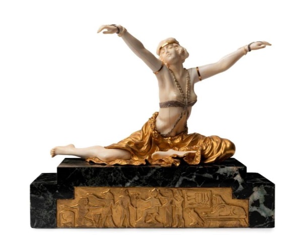 Claire-Jeanne Roberte Colinet’s (1880-1950) Theban Dancer circa 1920 (lot 58), a gilt bronze and ivory sculpture on a marble base that carries a catalogue estimate of $20,000-$30,000 is the stand-out piece at Gibson's 20th Century Designs auction in Melbourne on 22 September 2019.
