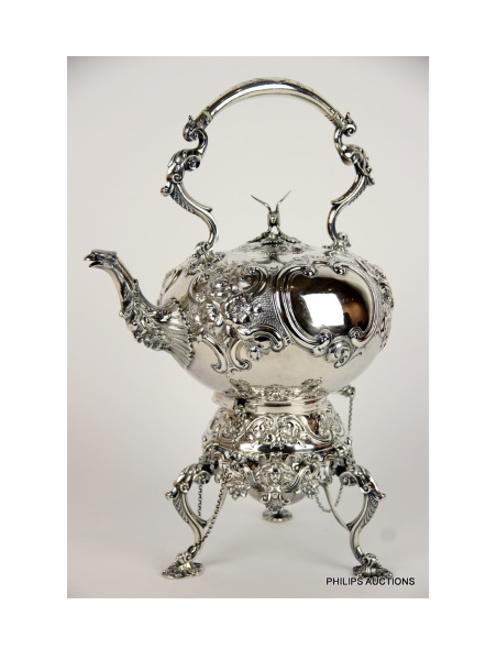 Philips Auctions October sale on October 20 in their Malvern rooms will include an 1866 George II style spirit kettle and stand by London maker Robert Harper (lot 185) with a catalogue estimate of $4000-$6000.