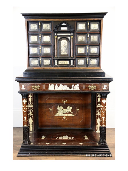 A rare mid-17th century northern Italian rosewood, ivory and ebony cabinet is a highlight at Philips Auctions Decorative & Fine Arts sale in Melbourne on 1 December 2019. The cabinet, estimated at $7,000-10,000, contains eight cedar lined drawers each with pen engraved ivory plaques depicting hunting, fishing, fowling and hawking scenes and in its centre is a Renaissance style cupboard with the drawers and the base inlaid with ivory neoclassical pictures. 