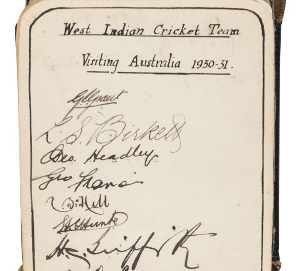 An autograph book now almost 100 years old and featuring cricket signatures from a bygone era, that sold above its catalogue estimate for $6500. The autograph book, (detail above) was the top selling item at Leski Auctions "live" Sporting Memorabilia sale in Melbourne on May 10 with Australia still operating under lockdown restrictions during the world coronavirus pandemic. 
