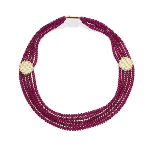 Jewellery, art and other collectables belonging to the late Tony White – Sydney architect turned jeweller – will be auctioned on October 11 by Bonhams at their Queen Street, Woollahra rooms. Included in the jewellery is an impressive ruby and diamond necklace (above) with a catalogue estimate of $12,000-$22,000