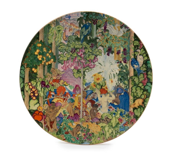 A circa 1930s large Clarice Cliff enamelled porcelain Sir Frank Brangwyn series wall charger (above) sold for $6100 including buyer's premium at Gibson's Auctions Melbourne Interiors sale on March 28 2021. The Brangwyn panels were designed in 1925 for the Royal Gallery of Britain's House of Lords to commemorate deceased World War I soldiers and the design on the Clarice Cliff charger is taken from those panels.