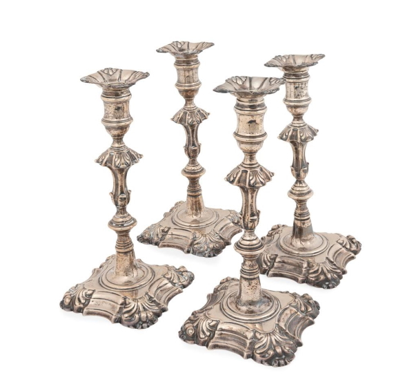 Melbourne-based Gibson’s Auctions features the collection of leading Melbourne socialite the late Billie Tyrrell, whose former Naval lieutenant husband Harry founded National Can Industries. The auction to be held on Sunday August 22 includes a set of four 1869 Victorian sterling silver candlesticks by London silversmith Frederick Brasted with original candle fonts, estimated at $5,000-8,000.
