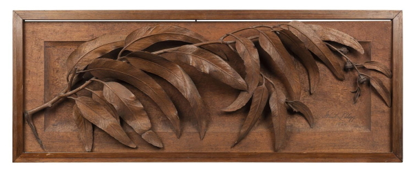 A John Kendrick Blogg wooden panel depicting a eucalyptus branch (lot 169) brought the top price of $135,000, more than double its estimate at Melbourne-based Leski Auctions December 7 sale of Gary and Genevieve Morgan’s – of Morgan Gallup Poll fame – extensive Australiana collection. 