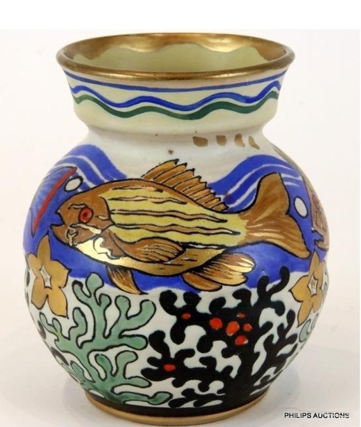 <p>Perhaps it was the strong links to his homeland that inspired Dutchman Karl Hulsberggen to amass a significant collection of Gouda pottery after he migrated in 1951 to Melbourne. Royal Goedewaagen, circa 1950s. Over 200 lots from the collection will be offered by Philips Auctions, including the above Gouda globular vase painted with a band of Dutch fish including perch and seabass in underwater setting with stylised seaweeds and gilt highlights, with impressed and painted maker&#39;s marks, model number, and initialed to the underside, estimated at $200-300</p> 