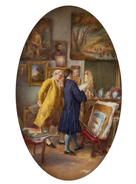 <p>At $20,000 hammer price and more than three times the catalogue estimate, the top selling item was a signed 1912 Royal Worcester porcelain plaque painted by William Hawkins, after Jean Louis Ernest Meissonier&rsquo;s &ldquo;The Print Collector&rdquo;,</p> 